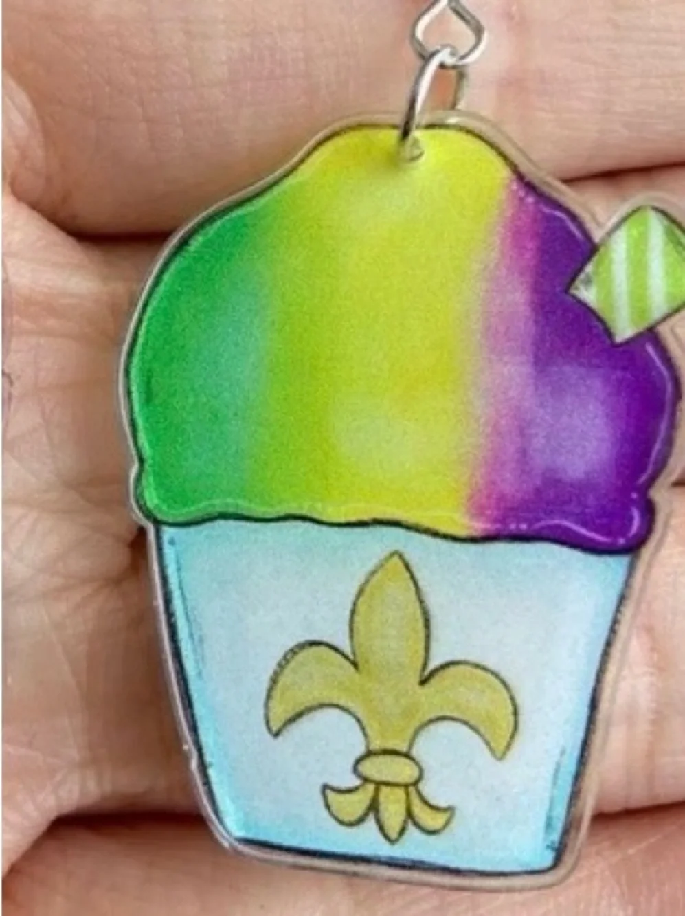 Purple Green Gold Fleur de Lis Snowball New Orleans Snow Cone Summer Earrings